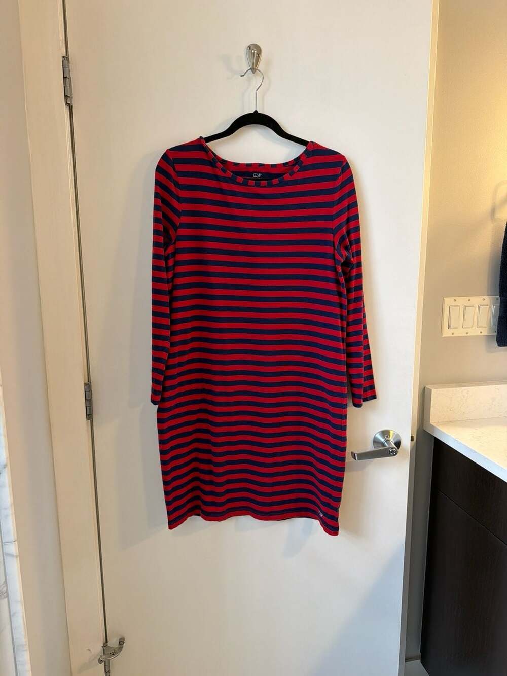 Vineyard Vines Women's Red and Navy Striped Long Sleeve Knit T-Shirt Dress